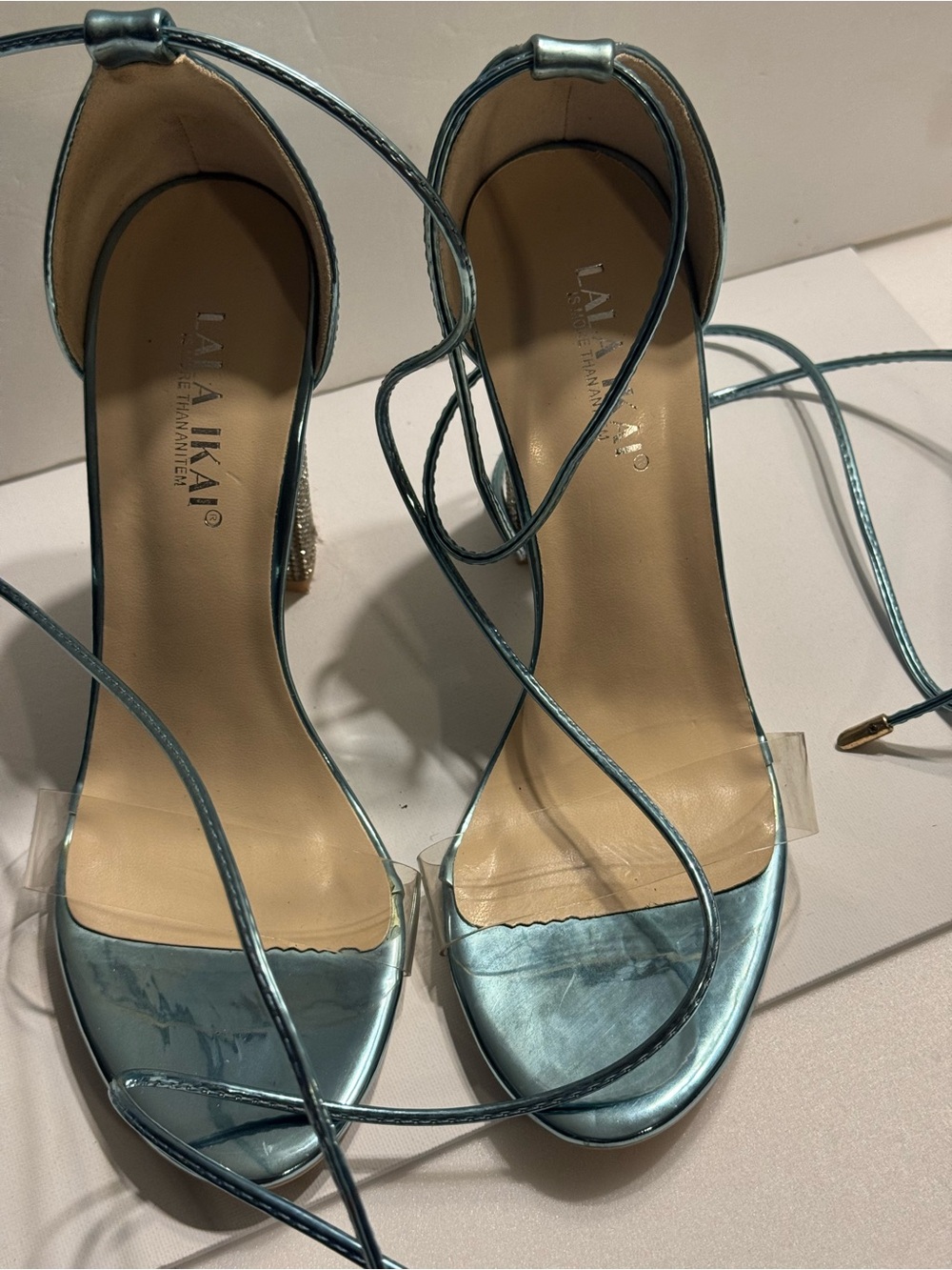 LAIAKAI Metallic Teal Lace-Up Block Heel Sandals